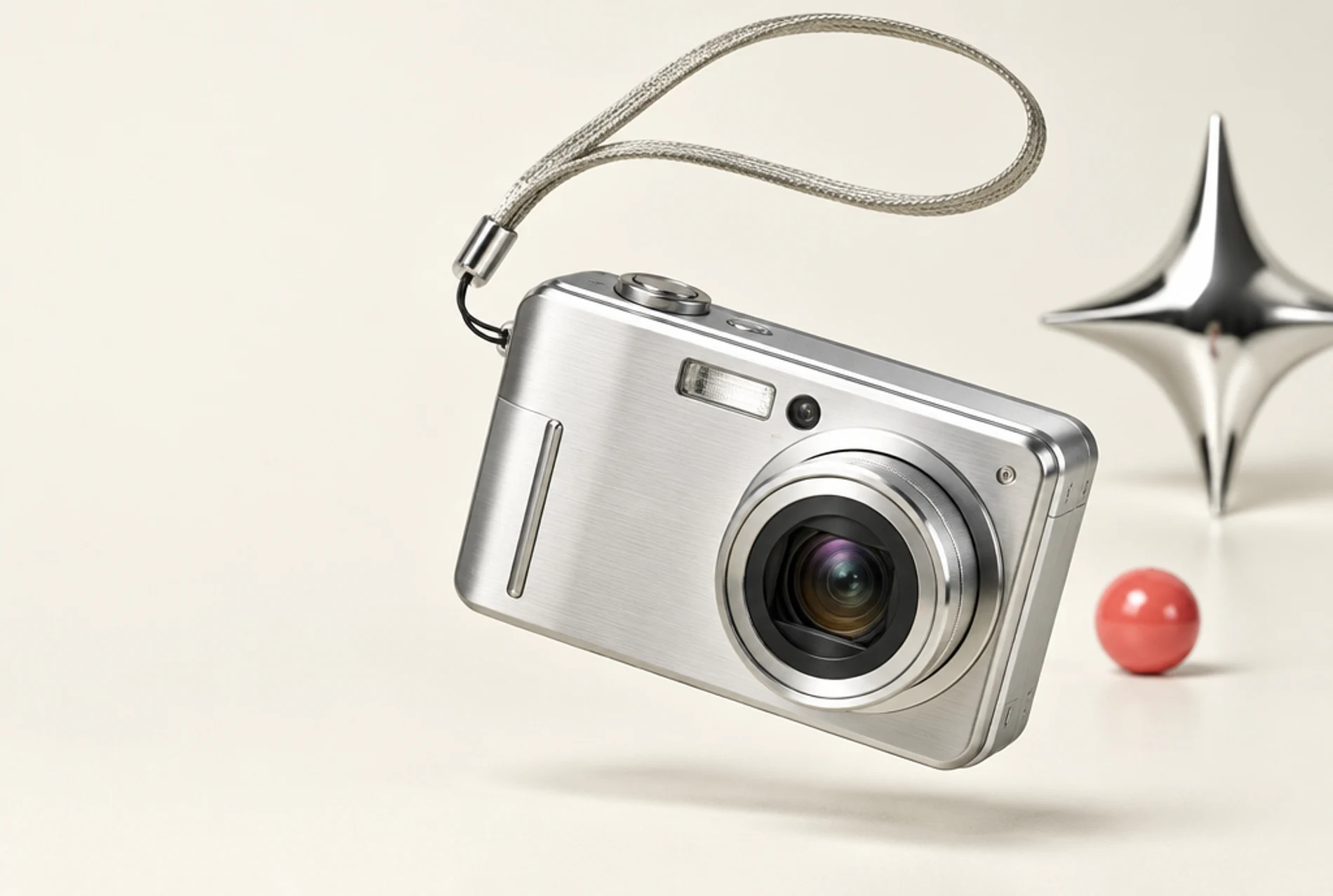 An editorial silver digital camera floating against a warm ivory backdrop